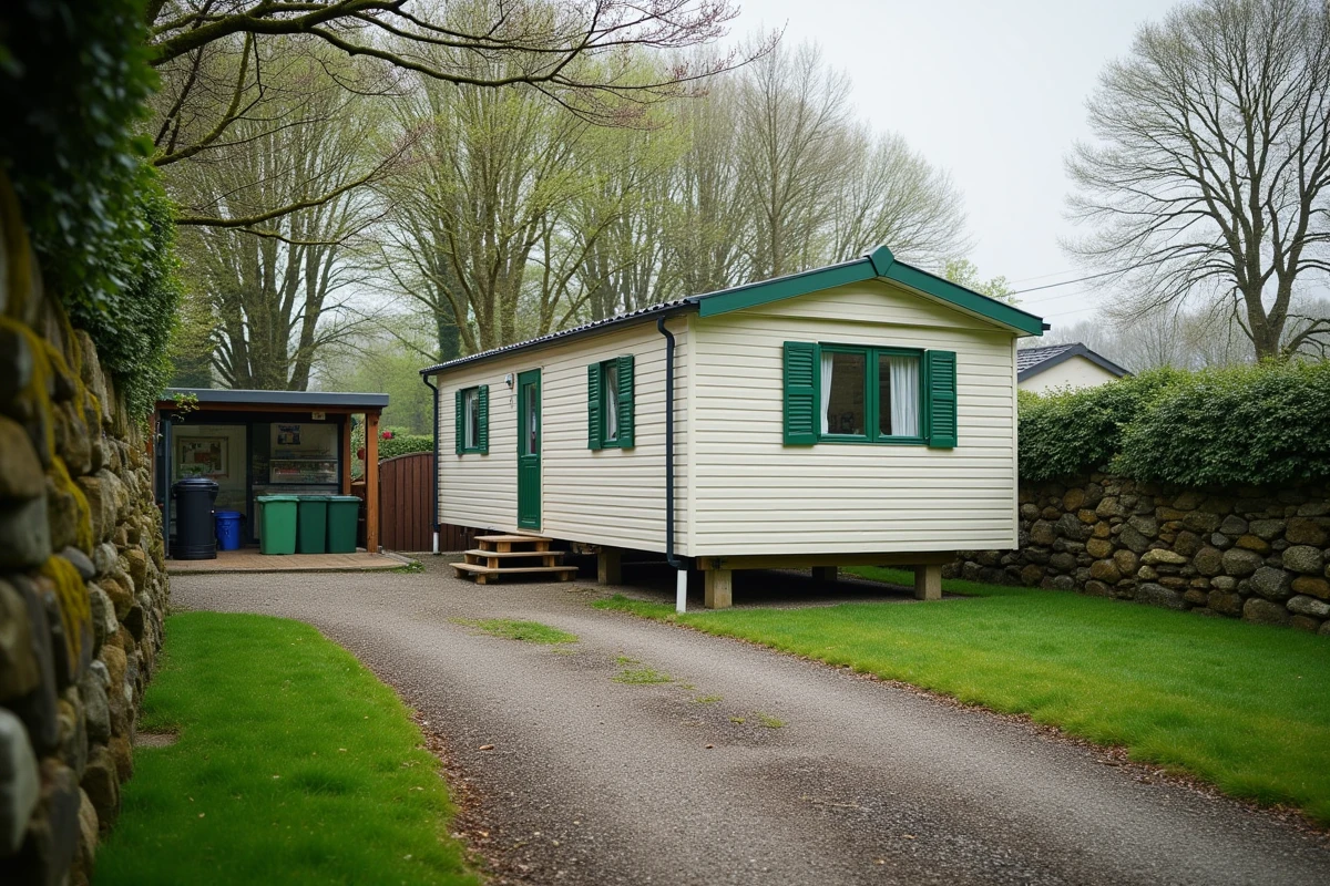 Mobil-home installé sur une parcelle privée en Bretagne avec mur en pierre sèche