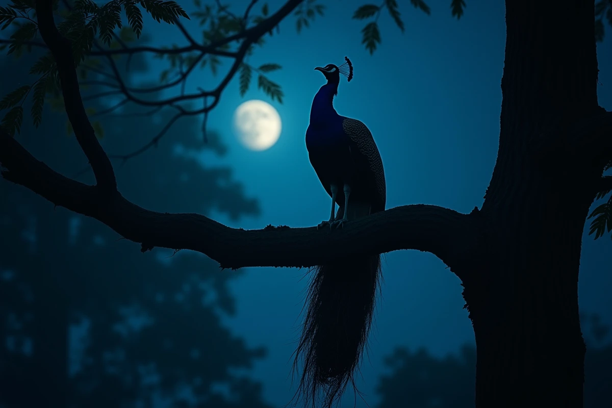 Paon perché dans un chêne la nuit, silhouette visible contre un ciel étoilé indigo, queue pendante entre les branches
