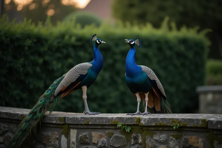Paon mâle en train de crier sur un muret de pierre dans un jardin au crépuscule, plumage iridescent bleu-vert visible
