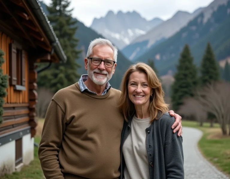 Couple de parents discrets devant un chalet alpin typique du Tyrol du Sud, illustrant les valeurs familiales simples des origines de Jannik Sinner