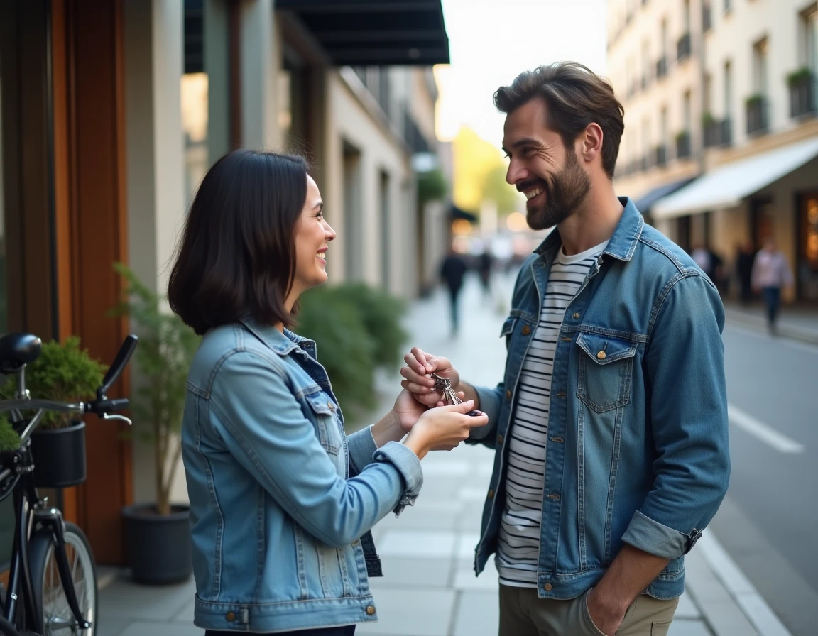 Échange de clés entre particuliers devant un appartement urbain, symbolisant le partage de logement et l'économie collaborative entre pairs