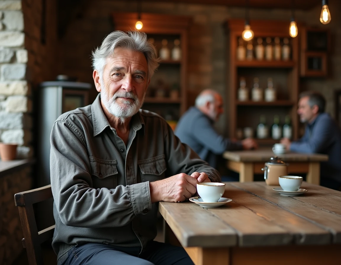 Portrait d'un père de famille discret dans un café de montagne du Tyrol du Sud, évoquant les racines modestes et les valeurs authentiques de la famille Sinner
