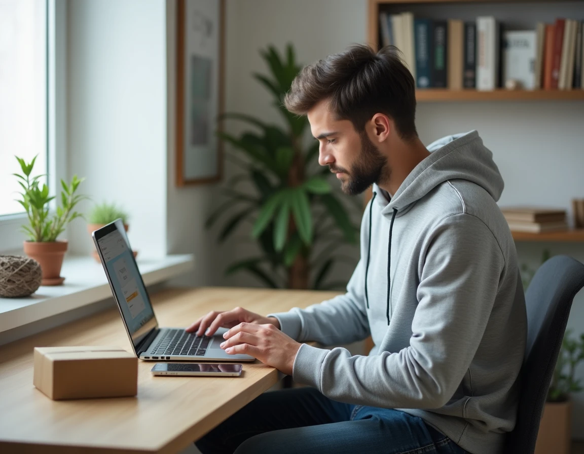 Jeune entrepreneur utilisant une plateforme numérique de pair-à-pair depuis son bureau à domicile, représentant les opportunités de l'économie participative en ligne