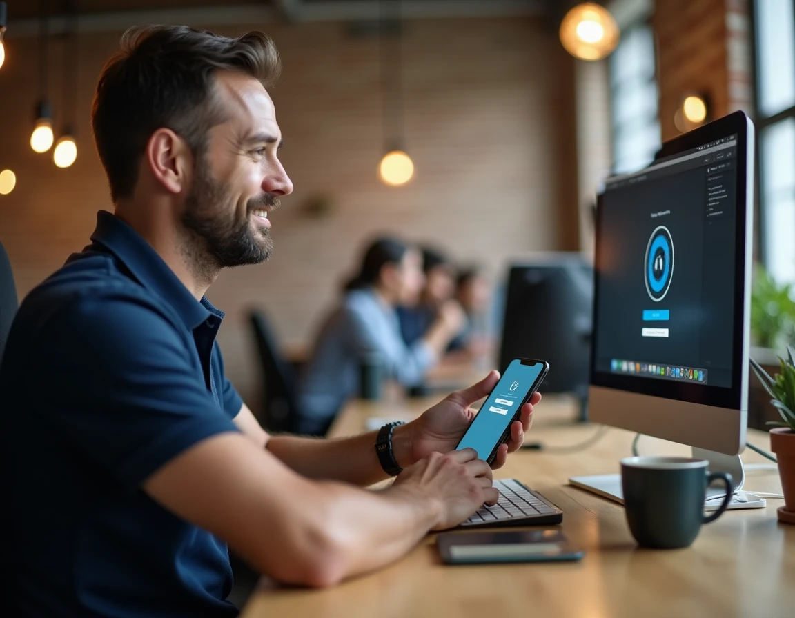 Homme d'affaires se connectant à son compte via smartphone dans un espace de coworking