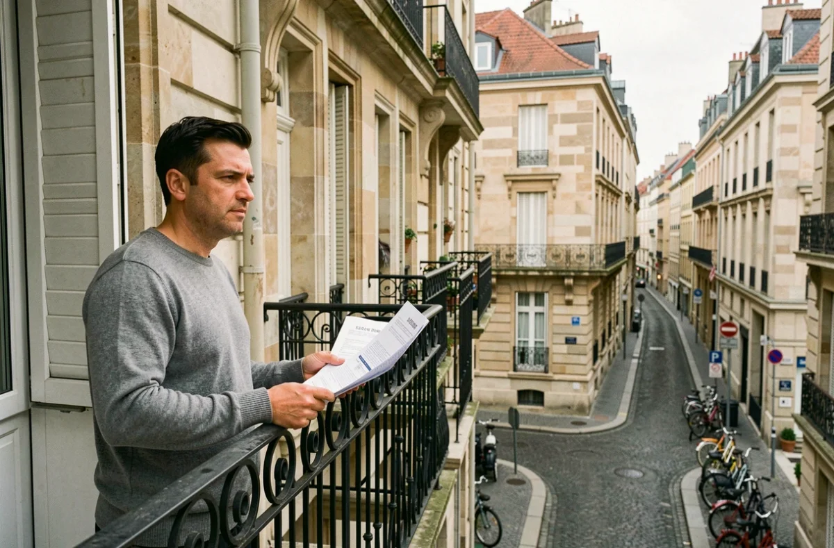 Propriétaire bailleur lyonnais sur le balcon d'un immeuble haussmannien consultant un document d'encadrement des loyers