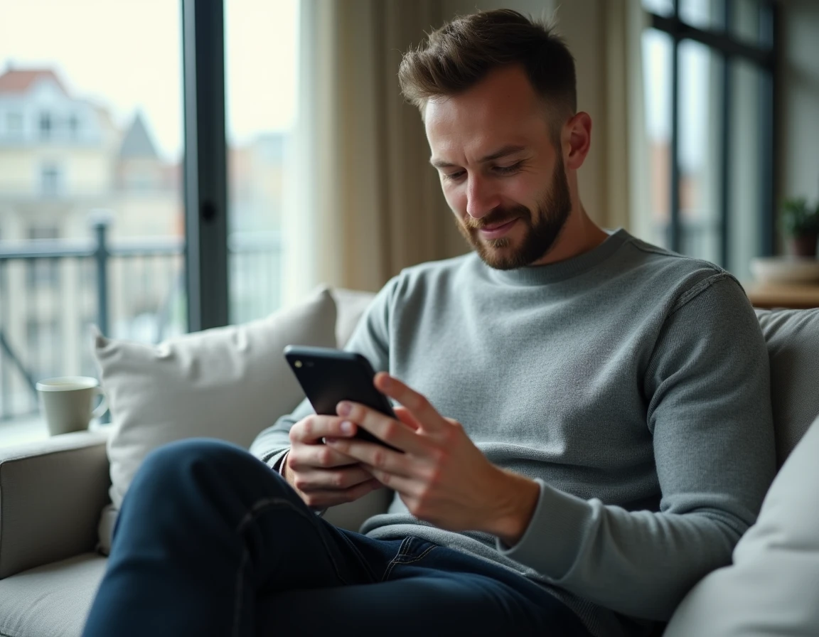 Homme consultant les informations sur les bans de mariage en ligne sur smartphone dans un appartement moderne