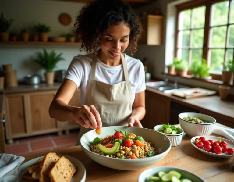 Table rustique garnie d'un repas végétarien coloré avec salade de quinoa, houmous et légumes frais préparés par une femme en tablier de lin dans une cuisine campagnarde