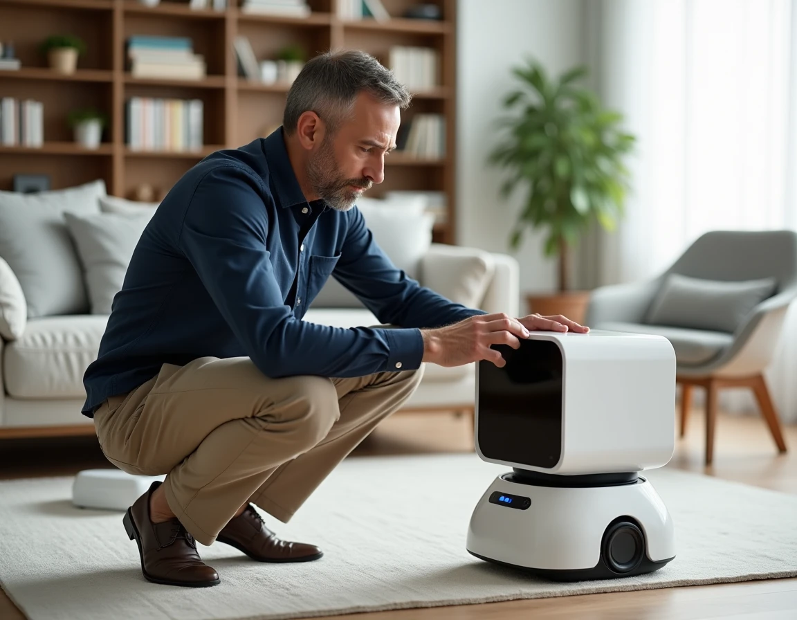 Homme interagissant avec un robot domestique autonome dans un salon moderne et lumineux