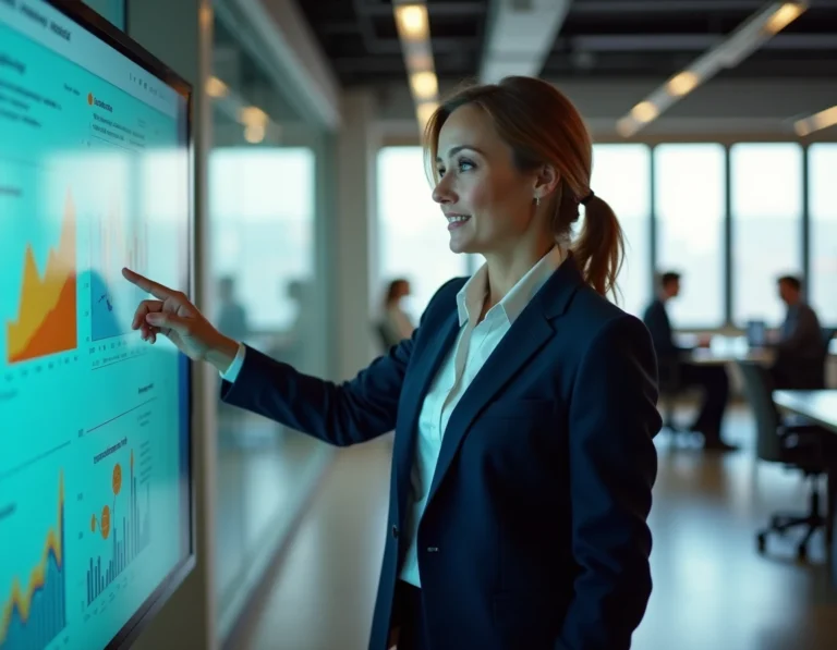 Femme cadre dirigeante analysant une stratégie commerciale digitale sur un écran tactile dans un bureau moderne