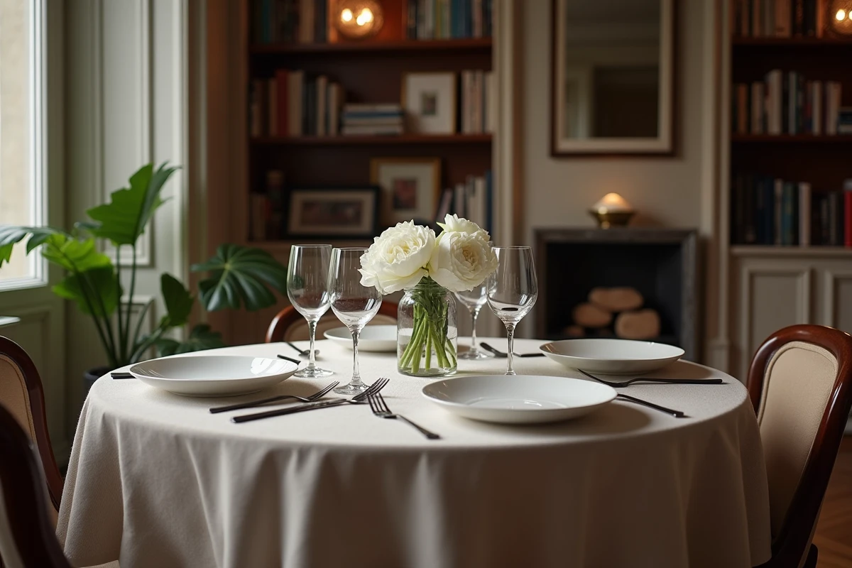 Table dressée pour deux dans un appartement parisien raffiné, évoquant l'intimité et la vie conjugale discrète