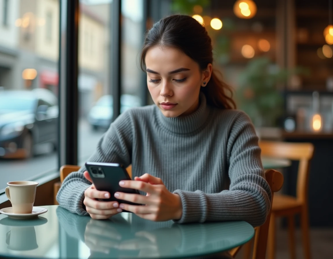 Femme utilisant un smartphone pliable innovant dans un café urbain moderne