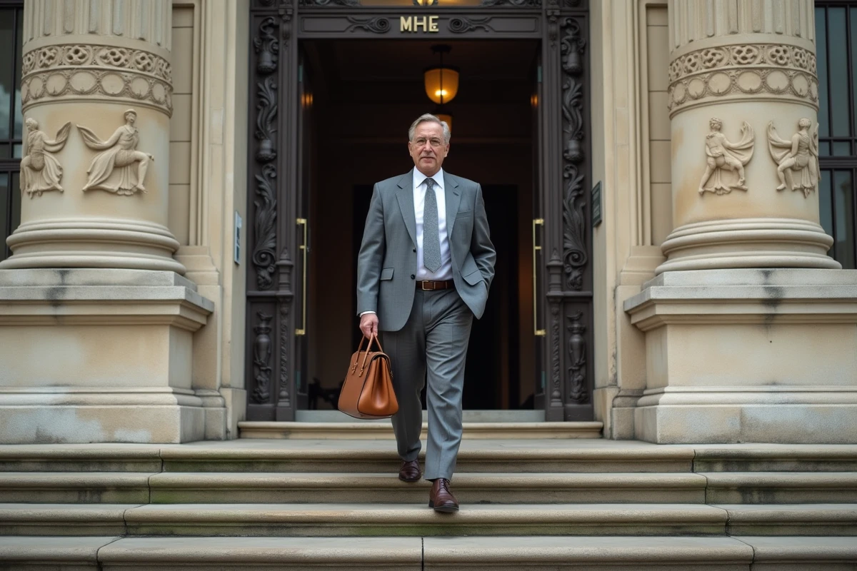 Entrée d'un tribunal des prud'hommes en France avec un justiciable portant un attaché-case, recours juridique et frais d'avocat