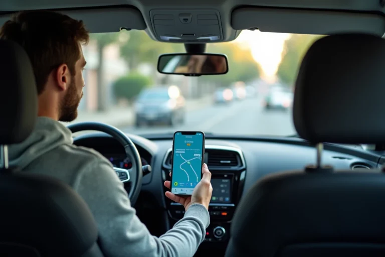 Homme utilisant Waze sur son smartphone monté dans une voiture moderne avec Android Auto
